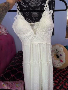 Justify White Lace Maxi Slip Dress with Sheer Dotted Skirt